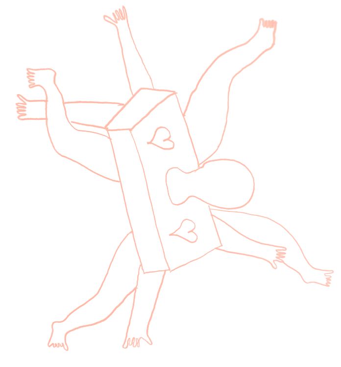 Dessin : des personnages se mélangent, on ne distingue pas les membres des uns de ceux des autres