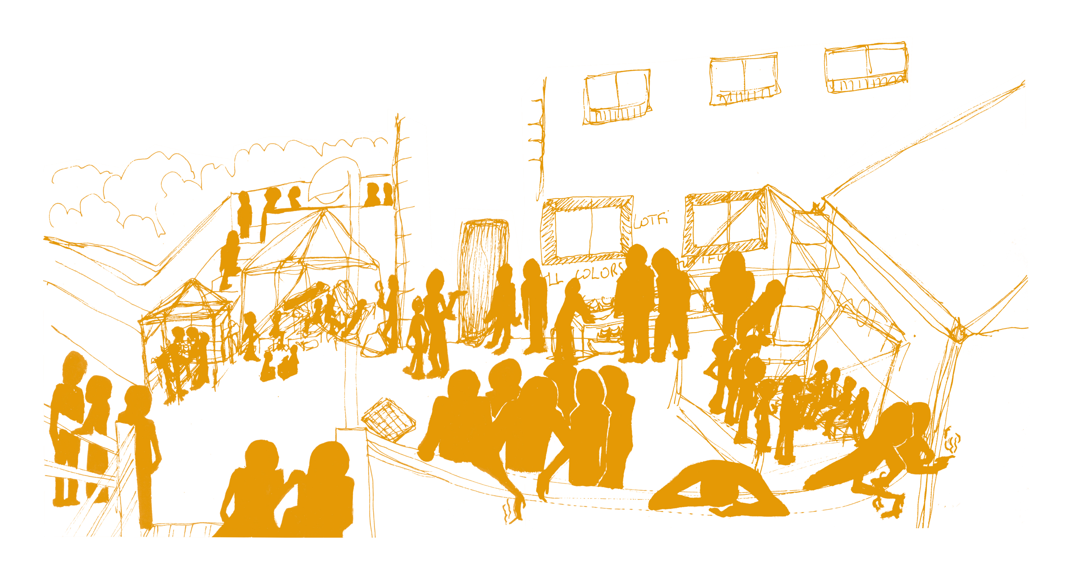 Dessin de nombreuses silhouettes rassemblées devant un bâtiment